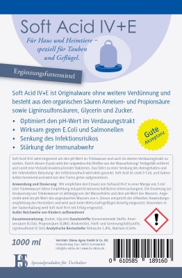 Soft Acid IV+E 1000ml Trinkwasserzusatz u.a. gegen E.Coli und Salmonellen bei Geflügel & Tauben